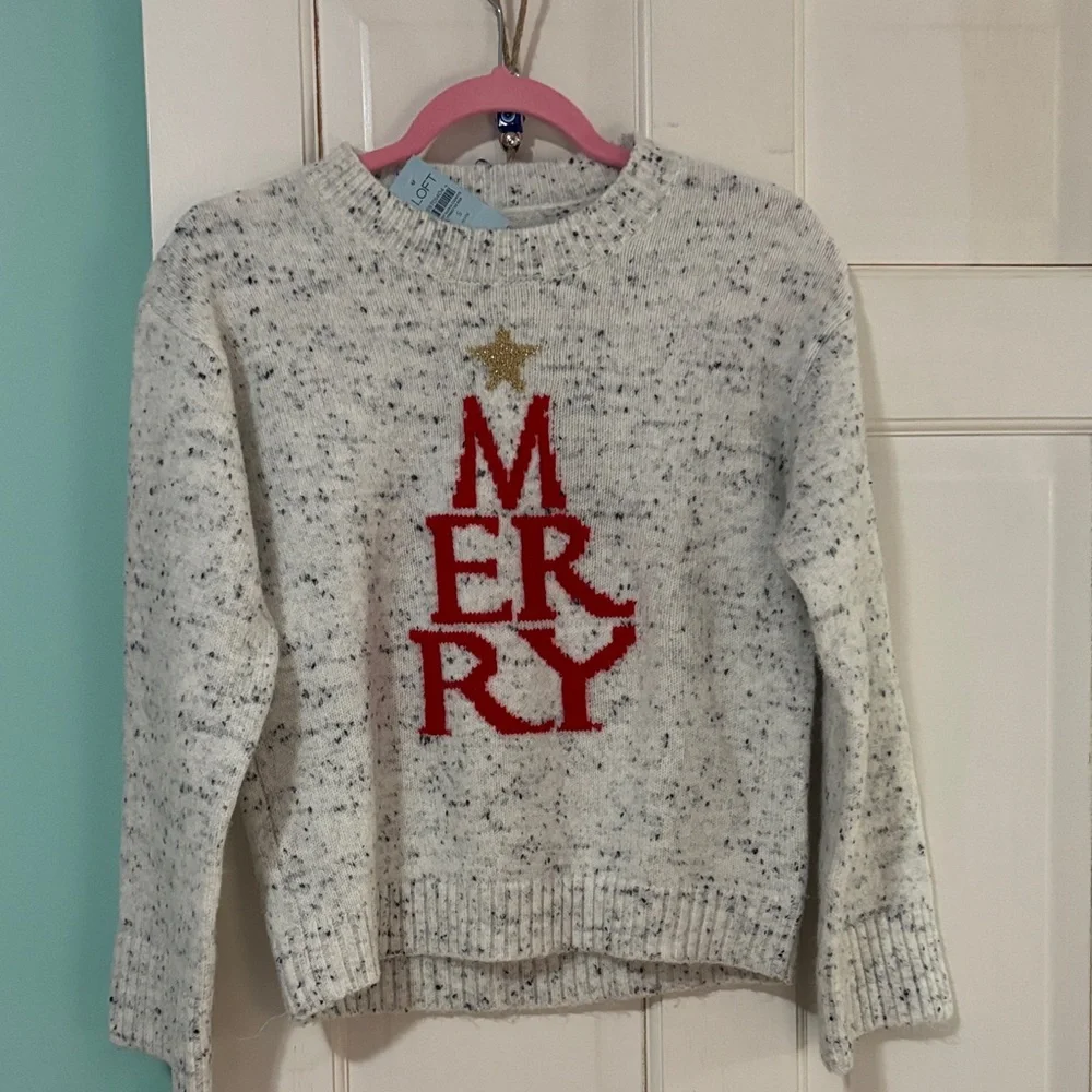 LOFT Cream and Red Merry Sweater - Picture 1 of 6